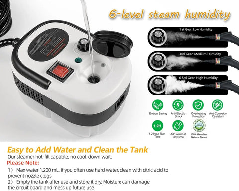 Top view of 7 In 1 Handheld Steam Cleaner With 2500W High Pressure for deep cleaning, showcasing water fill and steam settings.