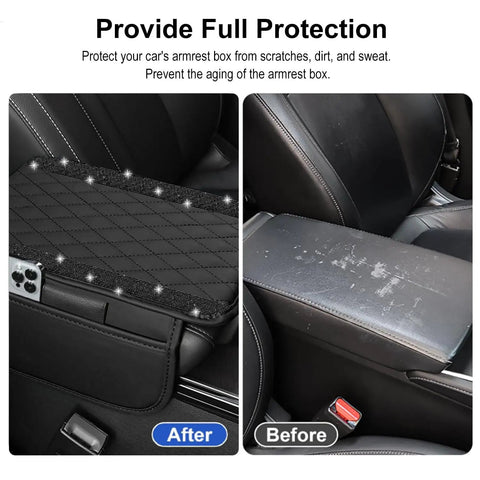 Fresh Universal Leather Center Console Cover With Chic Bling Accents And Handy Dual Storage Pouches To Keep Your Daily Driver Interiors Slick And Fully Organized In Modern Black - before and after comparison of console protection.