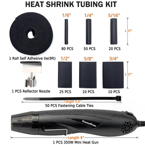 Powerful 350W Mini Heat Gun Kit with 4 to 1 Ratio Shrink Tubing Adhesive Lined Marine Grade Tubes 195 Pieces and Accessories