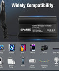 Heavy Duty 400W Power Inverter transforms 12V DC to 110V AC with dual outlets and PD 65W USB C Plus QC 18W port black.