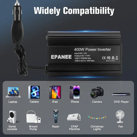 Heavy Duty 400W Power Inverter transforms 12V DC to 110V AC with dual outlets and PD 65W USB C Plus QC 18W port black.