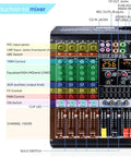 Four Channel Bluetooth Mixer with USB MP3 Player and 48V Phantom Power for Studio Recording and Live Gigs, front panel view