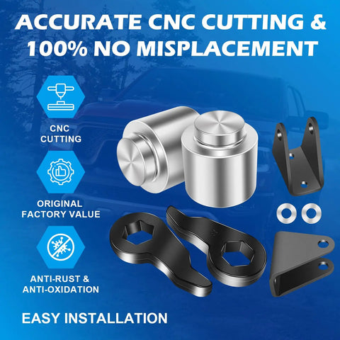 Components of 3-Inch Rear Levelling Kit And Heavy Dity Lift Spacers For Dodge Ram 1500 2009 To 2025, including CNC cut spacers.