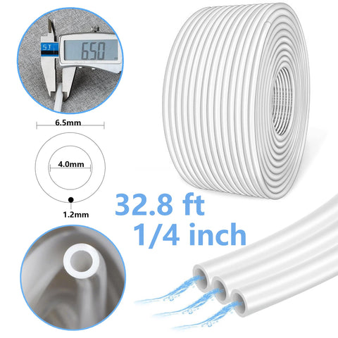Fridge Water Line Kit 1/4 In OD Tubing 32.8 Ft for RO System with measurement details and water flow illustration