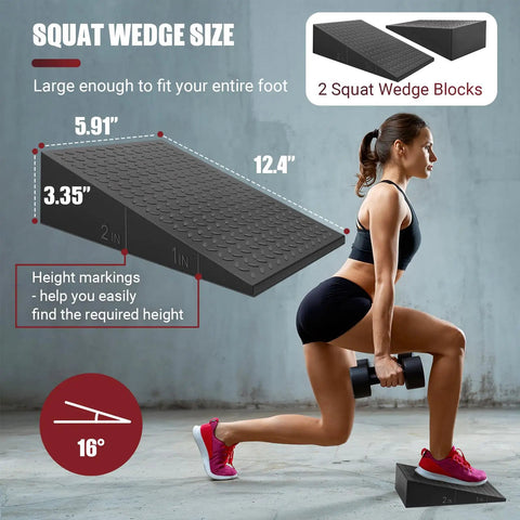 Ergonomic Squat Wedge Block With 15 Degree Raised Heel Ramp And Grip Tight Non Slip Base 1500 Lb Capacity shown in use for heavy lifting.