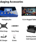 Built Like A Tank 13.3 Inch Rugged Tablet Running Android 13 with packaging box and accessories including straps and charger.