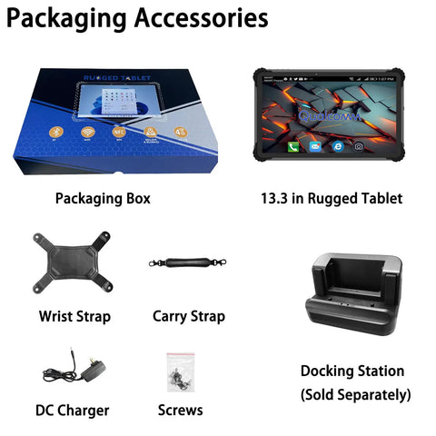 Built Like A Tank 13.3 Inch Rugged Tablet Running Android 13 with packaging box and accessories including straps and charger.