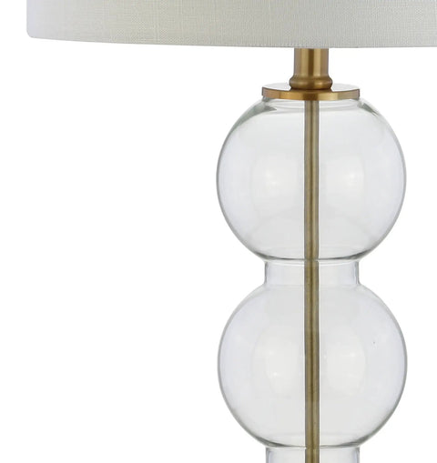 Clear Glass Triple-Sphere Table Lamps Set Of 2 With Brass Accents And White Linen Shade close-up of glass spheres and brass.