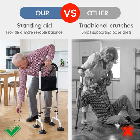 Comparison of Stand Assist Rail for Elderly and Seniors, Quad Cane Mobility Aid With Four Point Support vs traditional crutches