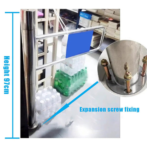 Boss Grade One Way Safety Gate For Retail Shops And Warehouses Featuring Easy Mount Setup And Heavy Duty Steel Frame For Smooth Crowd Control And Solid Commercial Security 70X97 Cm shown with expansion screw fixing and water bottle display.