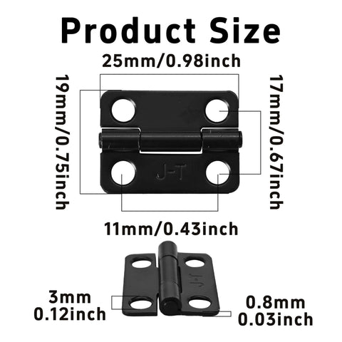 Sturdy Black Stainless Steel 1 Inch Cabinet Hinges Set Of 10 Mini Folding Butt Hinges For Wood Doors Wooden Boxes And Small DIY Craft Projects Precise 25x19mm Size With Easy Install Screws For Hassle Free Setup shown with dimensions 25x19mm.