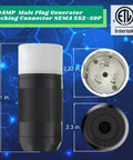 Badass 50 Amp Generator Plug Nema SS2-50P Four Pin Straight Blade Twist Locking Connector showing dimensions on a blue background.