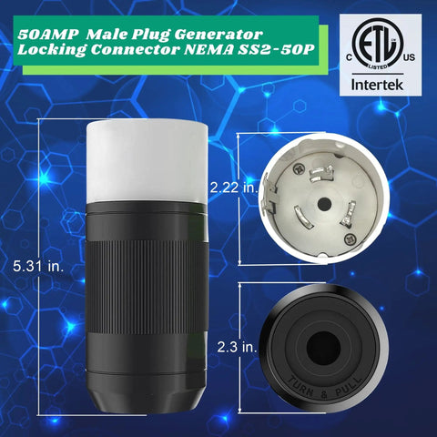 Badass 50 Amp Generator Plug Nema SS2-50P Four Pin Straight Blade Twist Locking Connector showing dimensions on a blue background.