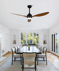 Modern 52 Inch Reversible Ceiling Fan with LED Light, 3 Walnut ABS Blades in bright dining room.