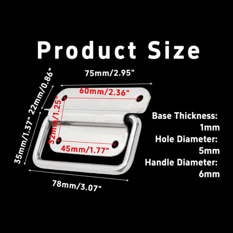 Dimensions of 4 Piece 3 Inch Stainless Steel Chest Handles Foldable Pull Ring Handles for Toolbox Cabinets and Doors with size details.