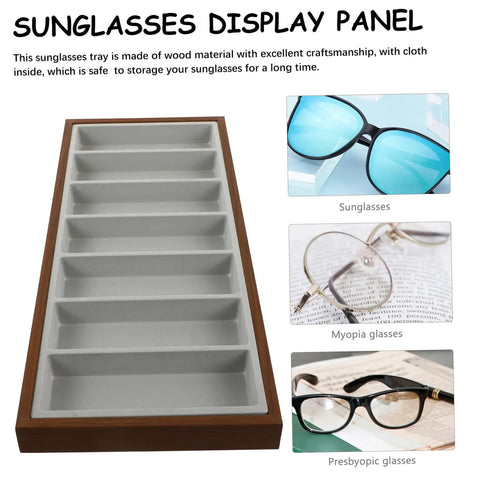 Premium Wooden Shade Keeper Tray Including Seven Gray Fabric Slots Top Tier Jewelry Glasses Watch Organizer viewed from above.