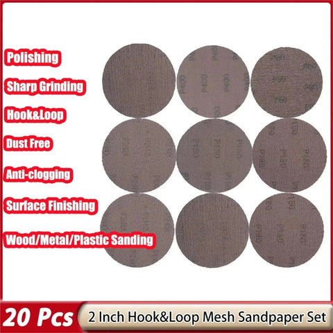 20 Pack Of 2 Inch Mesh Sanding Discs Hook And Loop With Dust Free Sharp Grinding For Smoother Woodwork Finishing On Any Project Surface, showing various sandpaper discs.