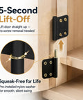 Close-up of Six Pack 4 Inch Lift Off Flag Hinges Kit With Self Centering Drill Bit And 54 Screws Black Offset Hinges on cabinet