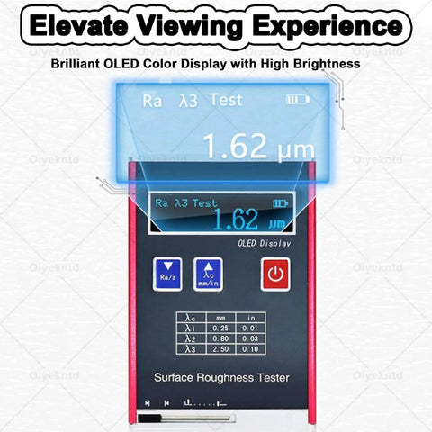 Portable Roughness Tester With LED Display showing 1.62μm measurement, OLED screen, lab-grade 0.01μm accuracy for Ra Rq Rz Rt.