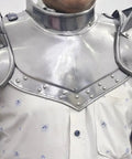 Iron Neck Plate Gorget With Pauldrons Gothic Spaulders Armor Set worn by a model, showing silver finish and rivet details