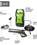 Powerful 1500 PSI 1.2 GPM Pressure Washer With Upright Hand Carry, 20 ft hose, 35 ft power cord with inline GFCI, included accessories.