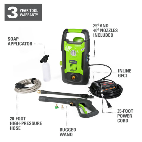 Powerful 1500 PSI 1.2 GPM Pressure Washer With Upright Hand Carry, 20 ft hose, 35 ft power cord with inline GFCI, included accessories.