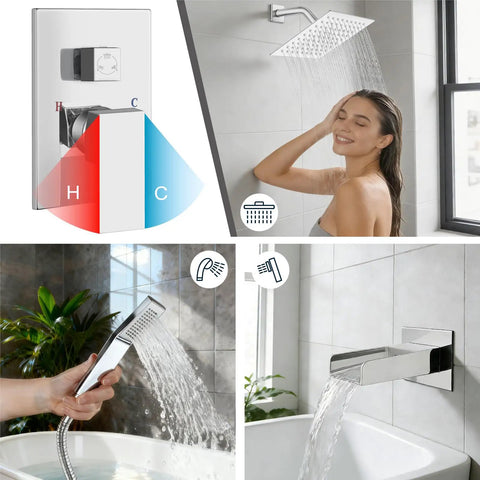 All Metal 3 In 1 Rain Shower System With Square Rainfall Head, Waterfall Shower, Handheld Sprayer, Wall Mounted Tub Faucet Set