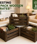Three Pack Extra Large Rustic Wooden Crates For Display And Storage Farmhouse Style Nesting Boxes with books and plants