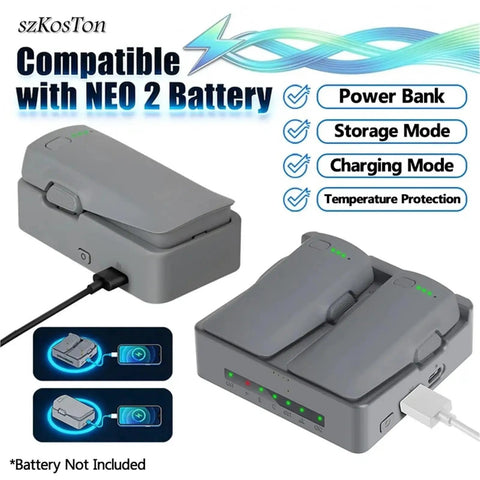 Go-To USB Charging Station For NEO 2 Drone with dual slots and LED display, showcasing compatibility and charging features.