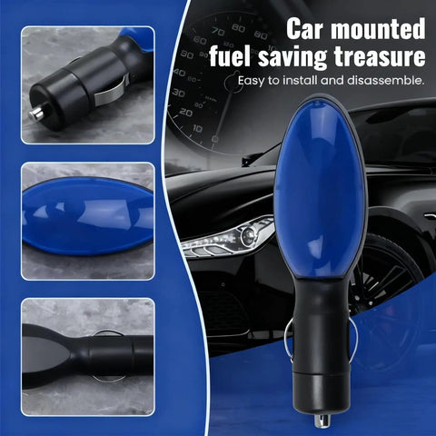Plug And Play Portable Fuel Saver for Cars and Trucks, a universal blue and black device shown in various angles and installed view
