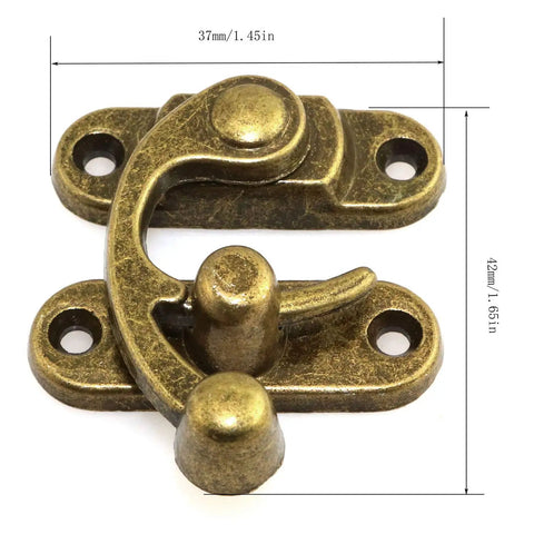 Bronze Mini Swing Arm Clasp Set For Suitcases, Jewelry Boxes, And Toolboxes, Vintage Toggle Hasp Hook, 42x37mm, shown flat with dimensions