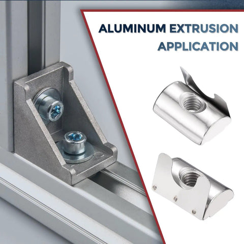 Heavy Hitter Roll In Spring T Nuts 30 Pack M6 Thread Smooth Slide Into 4040 Aluminum Extrusion Frames close-up on installation in aluminum profile.