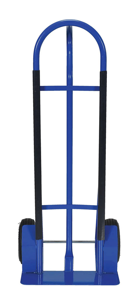 Wire D Series Steel Hand Truck With Pneumatic Wheels, 600 Lb Capacity, P Shaped Handle, front view, durable blue design.