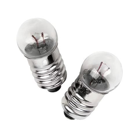 Snag This Slick Ten Pack Of E10 3.8v Warm White Miniature Screw Base Bulbs Ideal For Flashlight Refills And Panel Gauges showing two E10 bulbs.