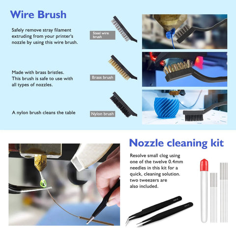 YEETIN 45-piece 3D printer tools kit collage: wire brush, brass brush, nylon brush, and nozzle cleaning tools.