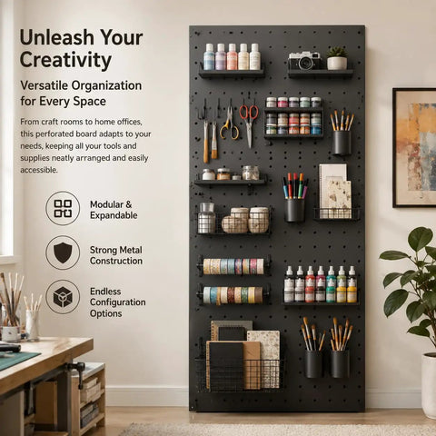 Tough As Nails Heavy Duty Adjustable Steel Storage Shelves Rust Resistant Garage Rack With Perforated Side Panels Built Solid For Basements Workshops Floor Standing Black Metal Organizer 330 Pound Capacity with tools and craft supplies on wall.