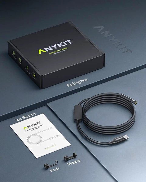 Type C Endoscope Camera With Light 1080P HD Borescope 8 Adjustable LED Lights Semi Rigid 16.5ft Cable IP67 waterproof box and contents