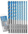 Wuqazu 10-piece 6-inch carbide masonry drill bit set with hex shank, blue-coated spirals in plastic case