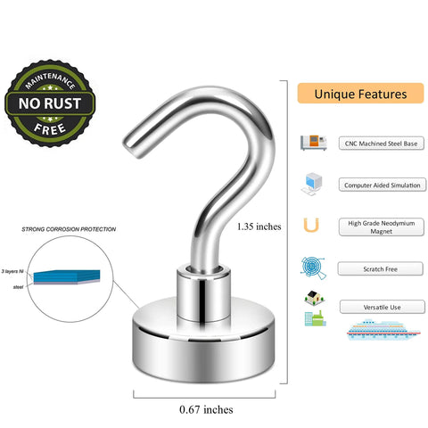 Heavy Duty Magnetic Hooks 30Lb Pack Of 4 For Fridge And Grill Hangers Extra Strong NdFeB Magnets in silvery white, CNC steel base