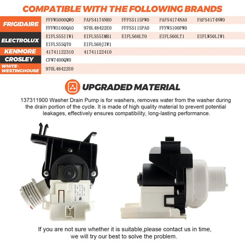Heavy Duty Upgraded Washer Drain Pump Compatible With Electrolux And Frigidaire Washing Machines, black and white components, side view.