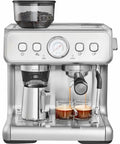 Semi Automatic Espresso Machine With Built In Conical Burr Grinder, brewing two shots of espresso with milk frother.