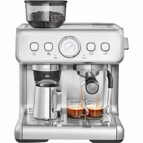 Semi Automatic Espresso Machine With Built In Conical Burr Grinder, brewing two shots of espresso with milk frother.