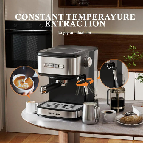 Kick Your Daily Coffee Grind Up With This Pro Stainless Steel Espresso Machine Slingin Bold Shots At 20 Bar Pressure For Rich Crema And Creamy Cappuccinos Using A Smart Dual Filter Setup on a kitchen counter.