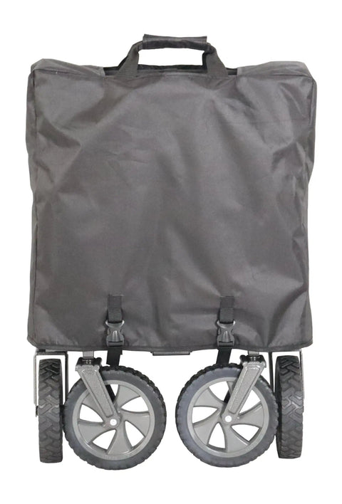 Collapsible Folding Outdoor Utility Wagon with Large Capacity and Easy Setup, shown folded in black carry case with visible wheels.