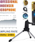 Close-up of condenser microphone with tripod stand from All In One Podcast Gear Bundle, showcasing sampling rate and diagram features.