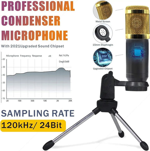 Close-up of condenser microphone with tripod stand from All In One Podcast Gear Bundle, showcasing sampling rate and diagram features.