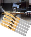 5 Pack CNC Spiral End Mill Router Bit Set High Speed Steel Alloy Coated for non-ferrous metal cutting, in use with a CNC machine.
