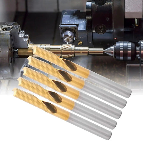 5 Pack CNC Spiral End Mill Router Bit Set High Speed Steel Alloy Coated for non-ferrous metal cutting, in use with a CNC machine.