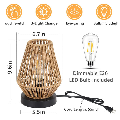 Cozy Boho Rattan Table Lamps Set Of 2 With Touch Control 3 Way Dimmable Nightstand Lamps dimensions and E26 LED bulb included.