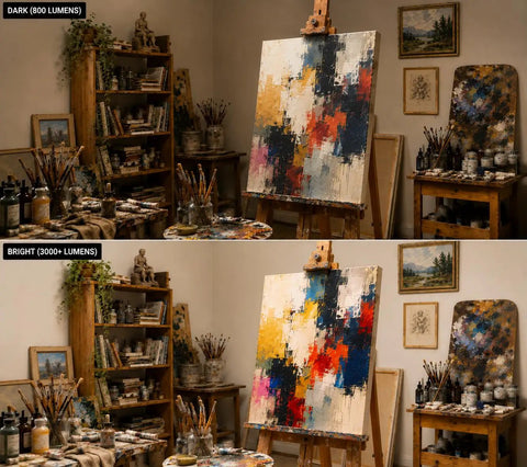 Comparison of dark and bright settings using Art Studio LED Smart Bulbs Six Pack With Remote, 1260 Lumens, True Color Lighting.